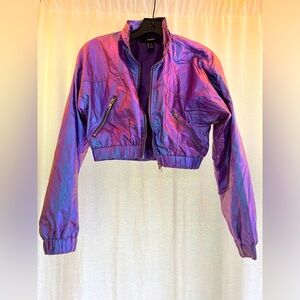 F21 Purple Iridescent Cropped Bomber Jacket